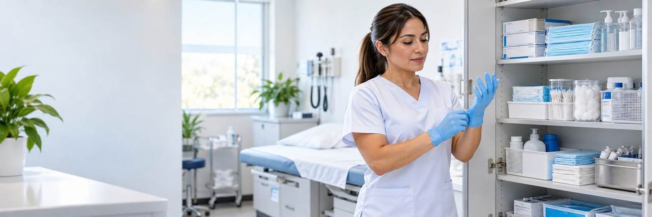Enfermera preparando guantes en clínica